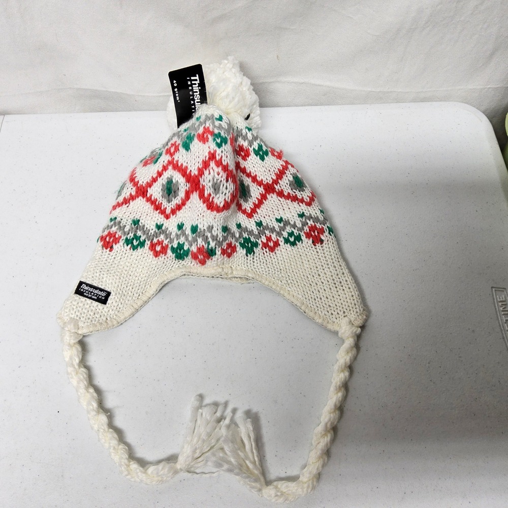 Polar Edge Trapper Beanie Women One Size White Red Green Thinsulate Fair Isle